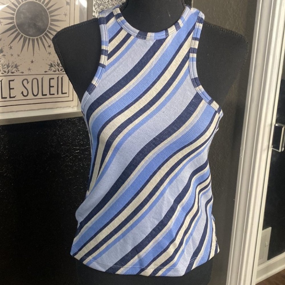 Blue and Gray Diagonal Striped Free People Tank Top